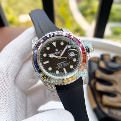 High Replica Rolex Submariner  Watch Black Face Rubber strap Rainbow Bezel  40mm